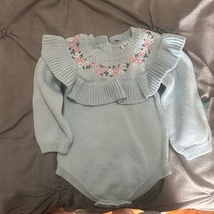 Nicole Miller Light Blue Knit Ruffle Baby Bodysuit with Floral Embroidery